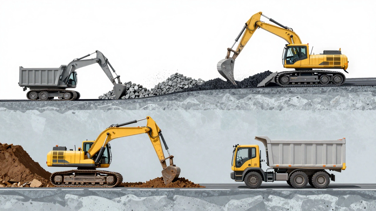 Схематичный разрез дороги: все этапы укладки с участием спецтехники — от экскаватора до асфальтоукладчика.