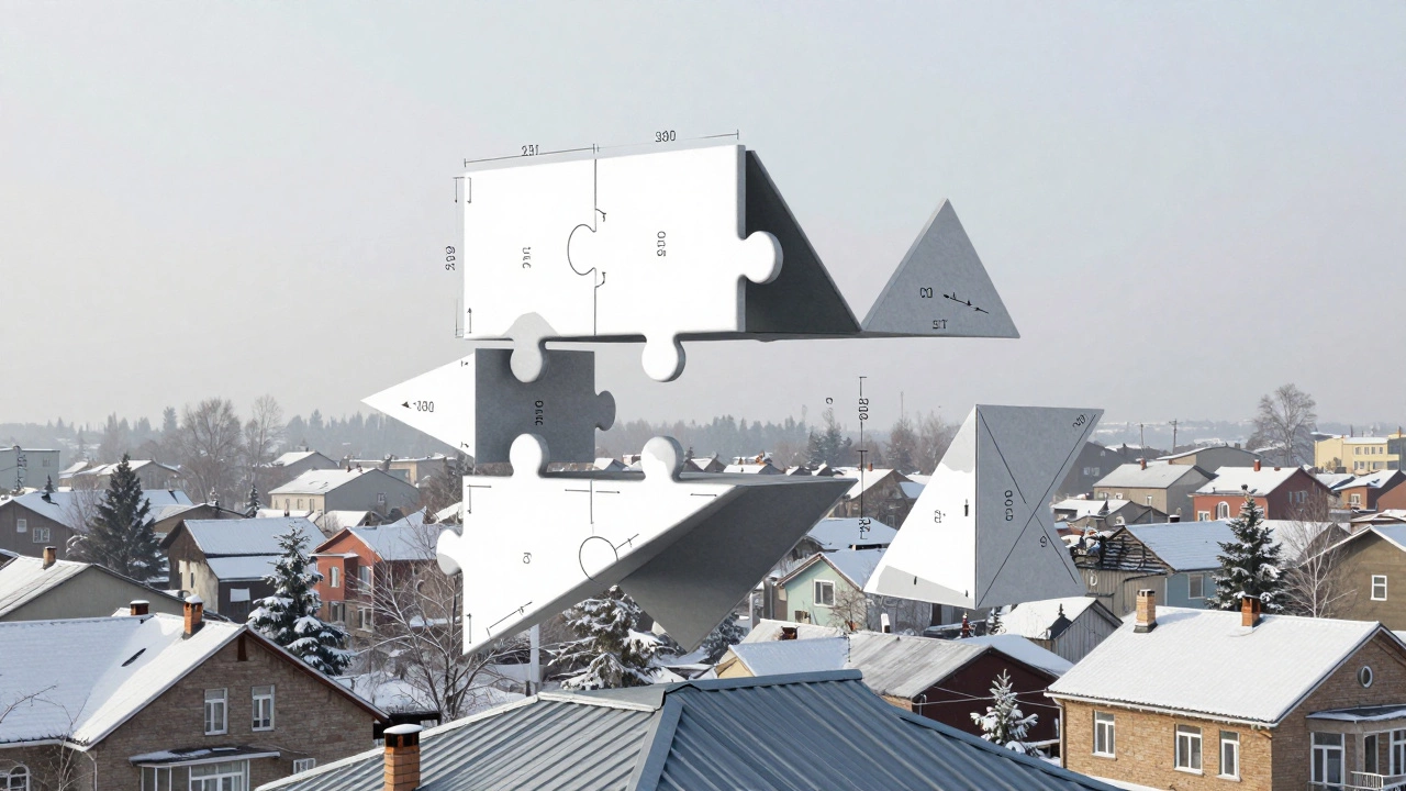 Сложная крыша разбита на геометрические фигуры с размерами и нахлестами кровельных листов.