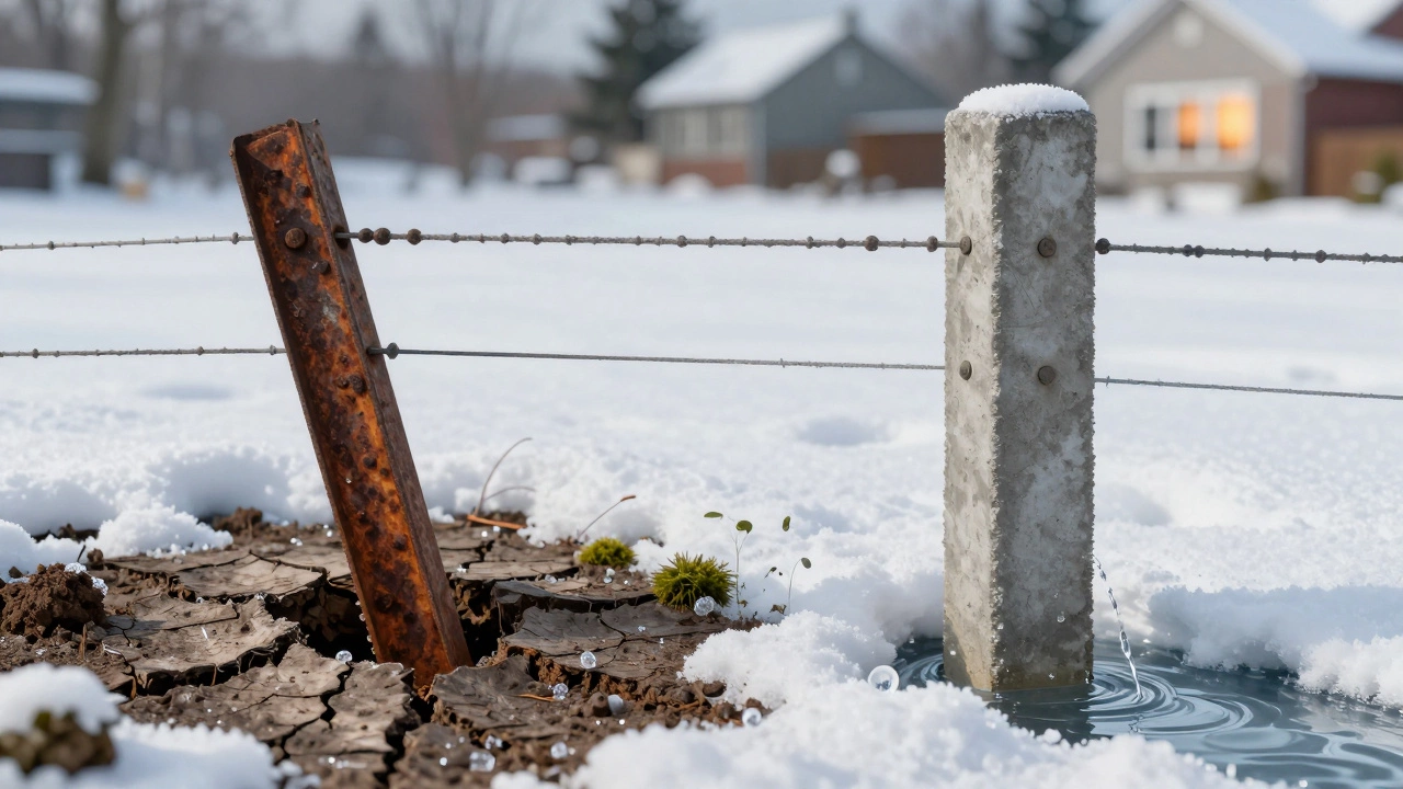 Сравнение: покореженный и заржавевший столб против прочного, заливаемого в бетон.
