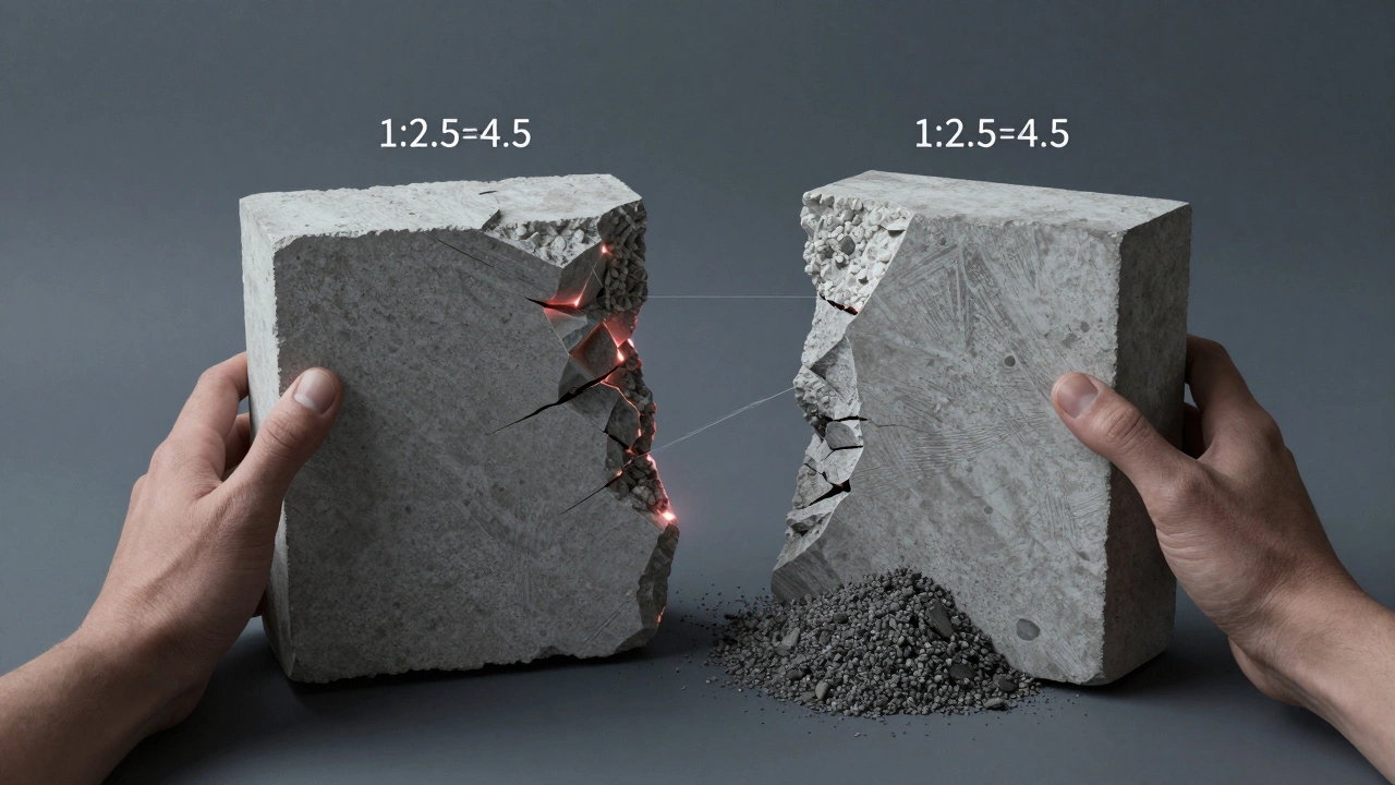 Сравнение разрушенного и целого бетонного блока с визуализацией правильных и ошибочных пропорций.