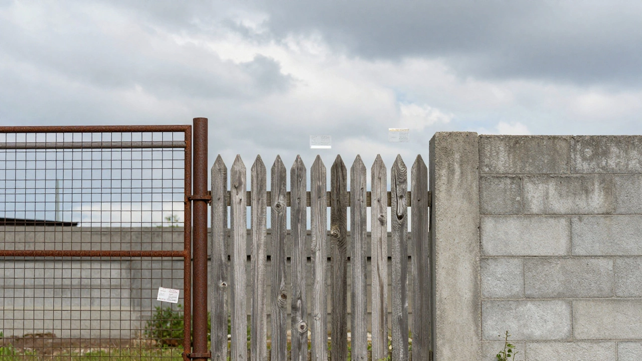 Сравнение трёх типов заборов: металлическая сетка, дерево и бетонные блоки, символизирующие разные сроки службы.