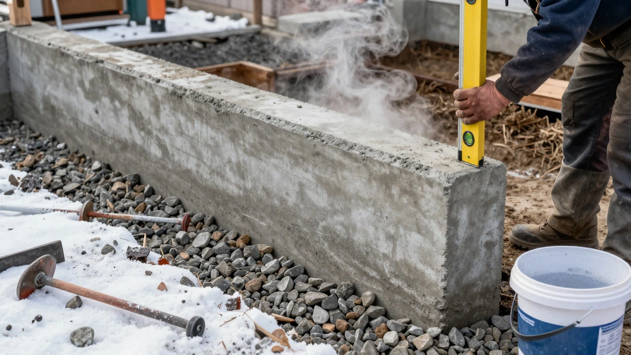 Столб забора установлен в бетоне с дренажным слоем щебня и наклонной верхней поверхностью.