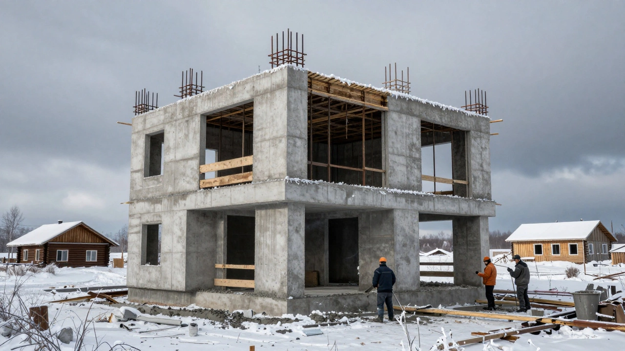 Заливка монолитного бетона на стройке в Уральском регионе, зимние условия, видны арматура и форма.